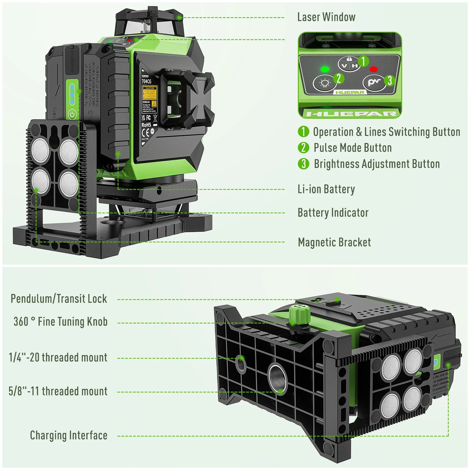 Laser Level 16 Lines 4D Green - Huepar 704CG Cyfrowy Laserowy Poziomica 4D